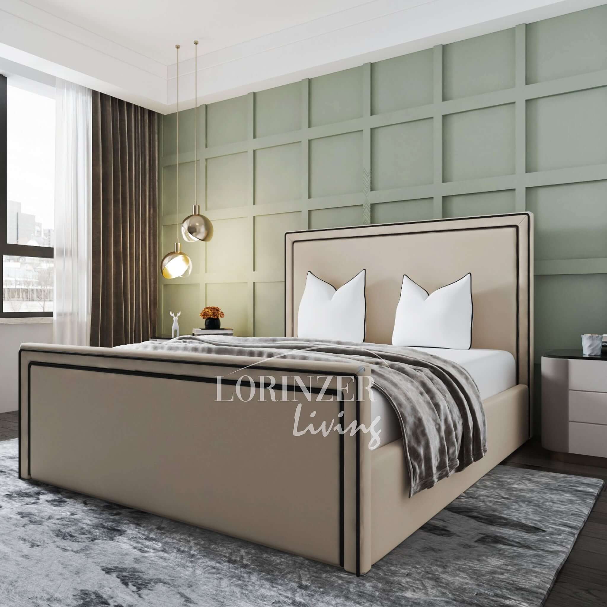 Los Angeles Tall Headboard Bordered bed, Cream ottoman bed