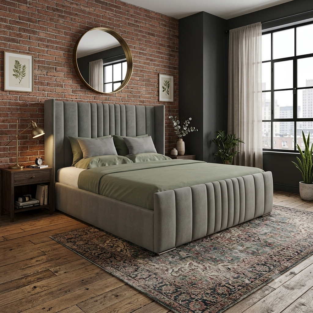 Avanelle ottoman wingback bed in grey velvet with channelled winged headboard and matching footboard