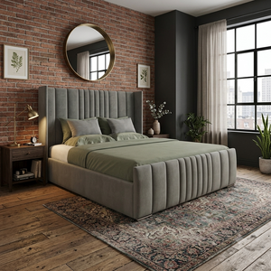 Avanelle ottoman wingback bed in grey velvet with channelled winged headboard and matching footboard