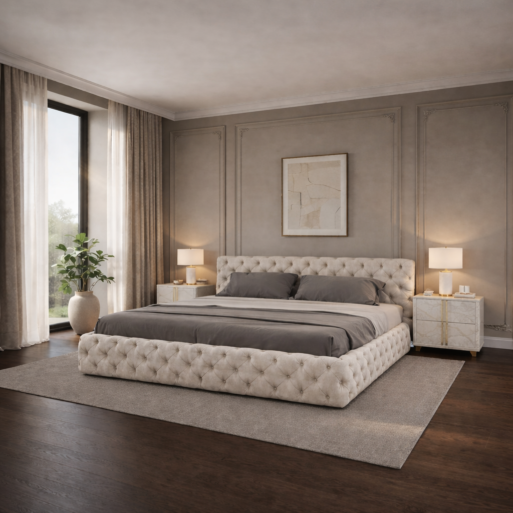 Modern bedroom with a tufted bed, nightstands