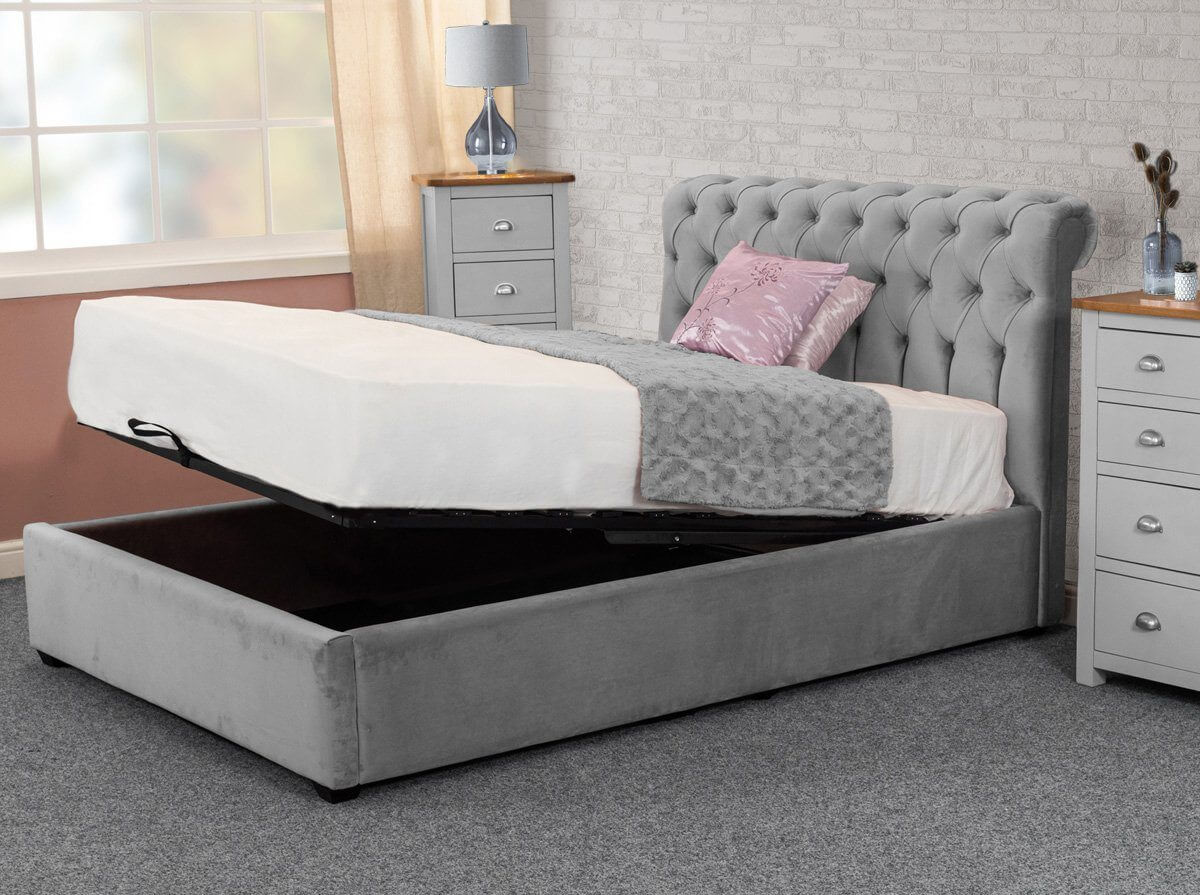 Chesterfield Grey Plush Sleigh Ottoman Storage Bed Bed Universe 