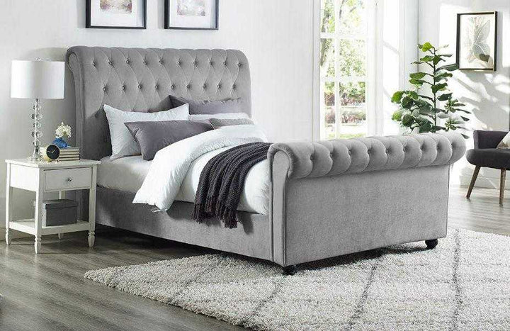 atlas grey naple chesterfield sleigh scroll bed frame